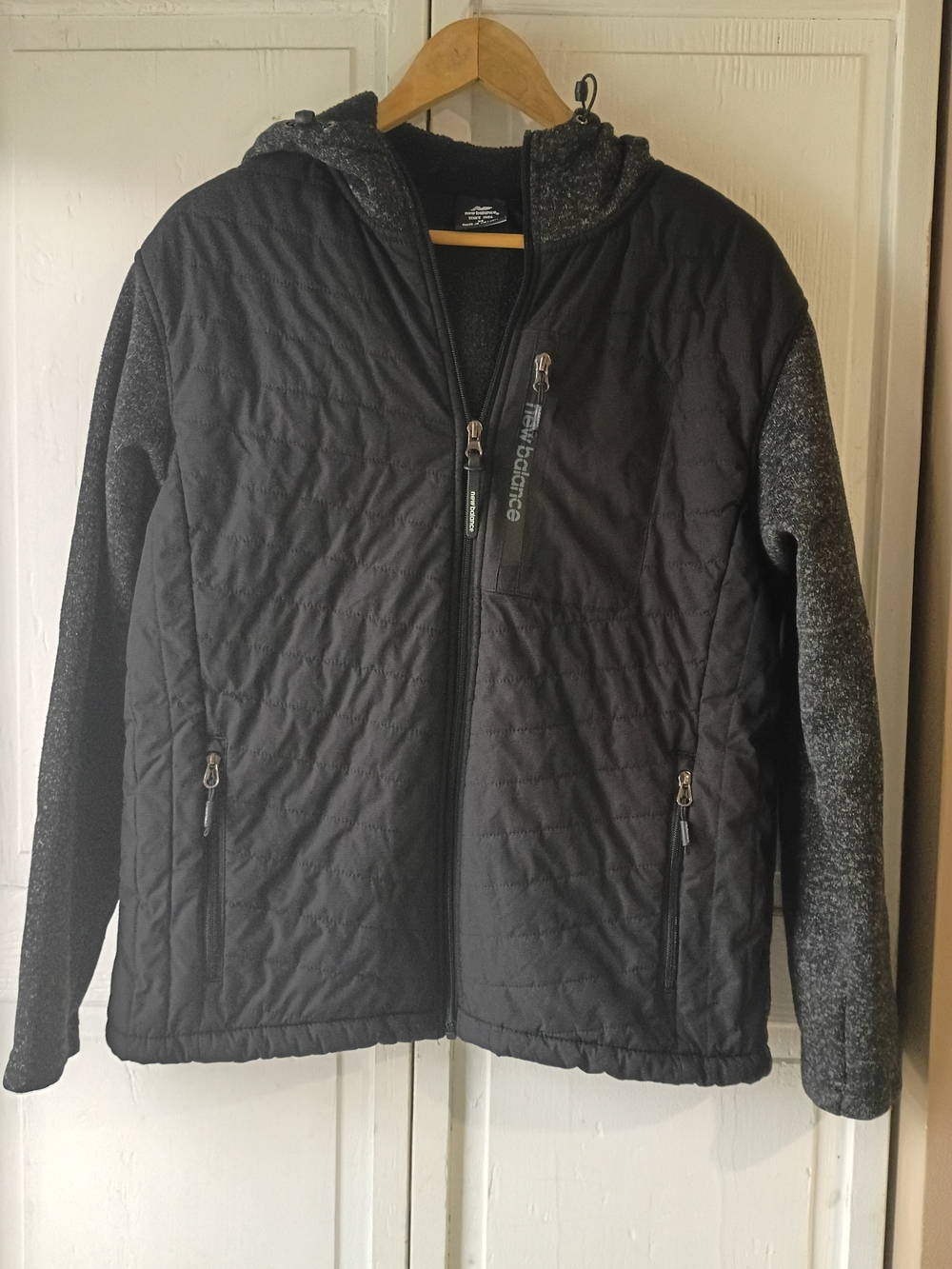 New Balance Black Quilted Hooded Jacket with Heathered Charcoal Sleeves